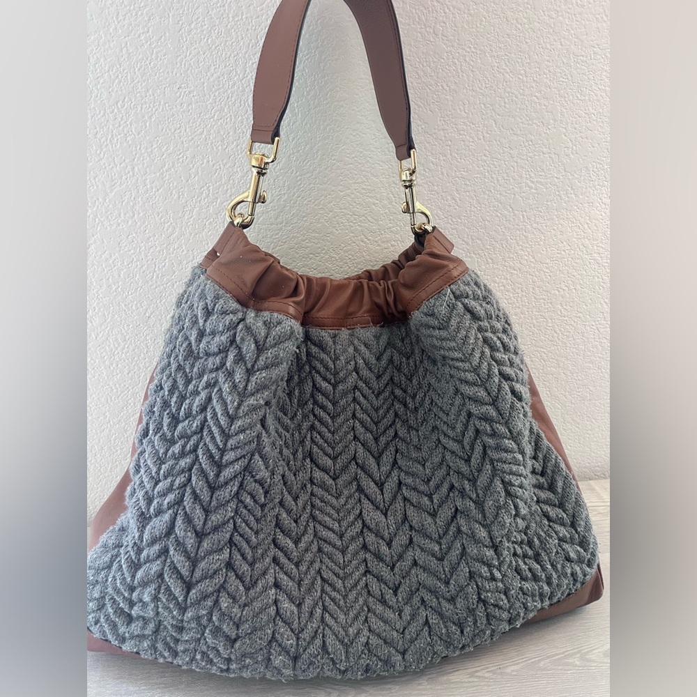 Escada Gray Cable Knit Hobo Bag with Brown Leather Trim
